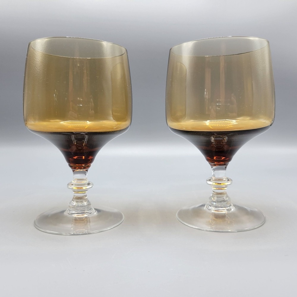 Vintage Sasaki Crystal Smoky Amber Wine Water Goblet Glasses Set Of 2 Clear Stem
